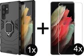 Samsung S22 Ultra Hoesje - Samsung Galaxy S22 Ultra hoesje Armor Case Zwart Kickstand Ring shock proof magneet - 4x Samsung S22 Ultra Screenprotector