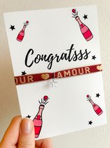 Wenskaart met sieraad - Congrats gefeliciteerd kaartje - Verstelbaar armbandje rood Amour ster zilver - Verkleurt niet - In cadeauverpakking - Snel in huis