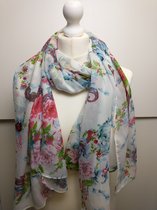 Lange dames sjaal Marjo gebloemd motief blauw roze cerise groen zwart  grijs wit