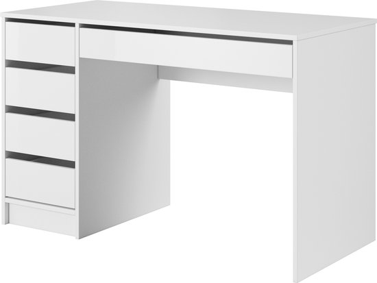 InspireMe- Modern bureau met 5 laden, Bureautafel, Computertafel, Computerbureau, werktafel - (120x75x55cm) DIRA WIT