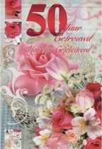 50 jaar getrouwd! Hartelijk gefeliciteerd! Een bijzondere en kleurrijke wenskaart met allerlei soorten bloemen. Een dubbele wenskaart inclusief envelop en in folie verpakt.