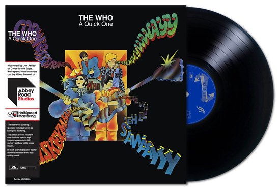Albumhoes van 'THE WHO A Quick One' naast een zwarte vinylplaat met een blauw label.