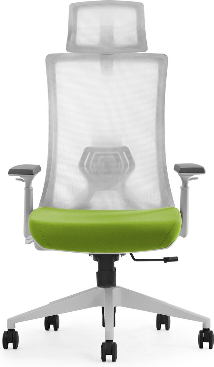 Euroseats ergonomische bureaustoel met hoofdsteun Verona. Uitvoering rug Mesh wit & zitting gestoffeerd in het groen. Voldoet aan de NEN EN 1335 norm.