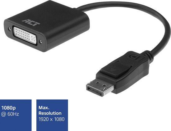 ACT DisplayPort male naar DVI kabel (DVI-D Dual Link) female adapter, Full HD 60Hz, 15cm aansluitkabel – AC7510 - ACT