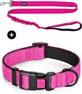 Halsband hond - reflecterend - roze - maat L - oersterk - met veiligheidssluiting - incl. zero-shock hondenriem - voor grote honden