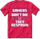 Gamers don't die pixel T-shirt | Donker Blauw | Gaming kleding | Grappig game verjaardag cadeau shirt Heren – Dames – Unisex | - Roze - XXL