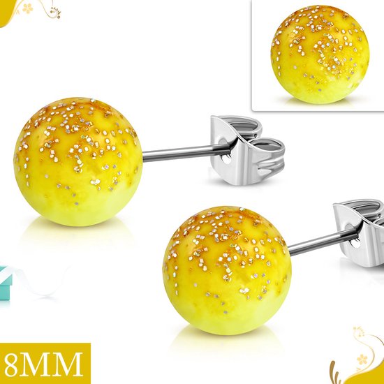 Acryl bolletjes oorstekers geel glitter staal 8mm