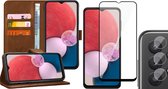 Hoesje geschikt voor Samsung Galaxy A13 4G - Book Case Leer Wallet Cover Portemonnee Pasjeshouder Hoes Bruin - Full Tempered Glass Screenprotector - Camera Lens Protector