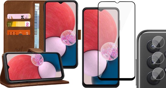 Coque Samsung Galaxy A13 4G - Book Case Cuir Wallet Cover Wallet Card Holder Case Marron - Protecteur d'écran en Tempered Glass trempé - Protecteur d'objectif d'appareil photo