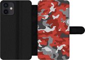 Bookcase Geschikt voor iPhone 12 telefoonhoesje - Rood met grijs camouflage patroon - Met vakjes - Wallet case met magneetsluiting