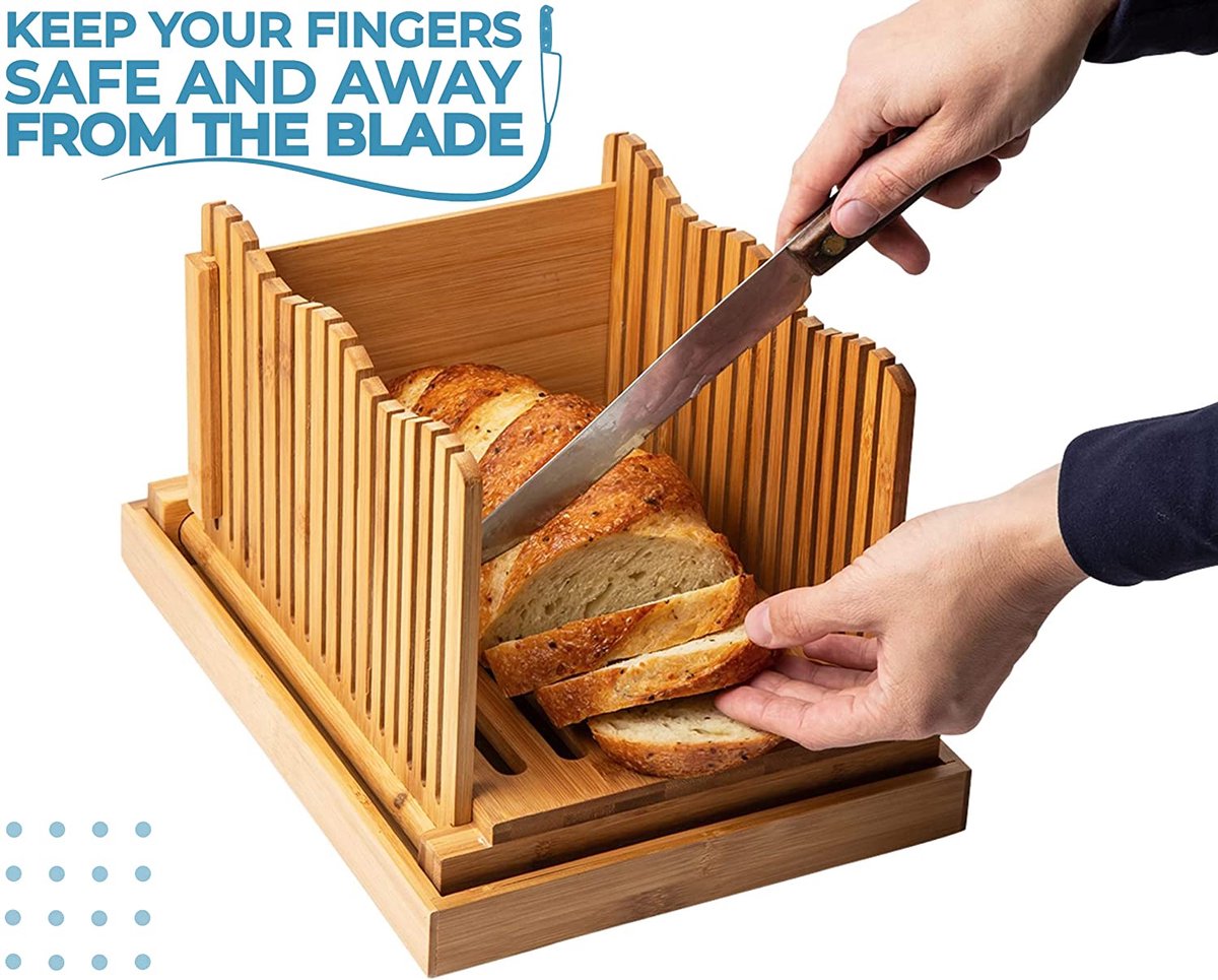 Homiu Bamboe broodsnijder met gids opvouwbare broodsnijmachine voor zelfgemaakte broden, taarten, natuurlijk bamboe ontwerp met verstelbare dikte
