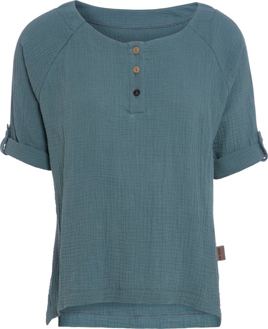 Knit Factory Nena Top - Shirt voor het voorjaar en de zomer - Dames Top - Dames shirt - Zomertop - Zomershirt - Ruime pasvorm - Duurzaam & milieuvriendelijk - Opgerolde mouw - Stone Green - Groen - L - 100% Biologisch katoen