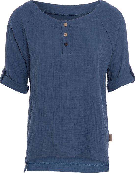 Knit Factory Nena Top - Shirt voor het voorjaar en de zomer - Dames Top - Dames shirt - Zomertop - Zomershirt - Ruime pasvorm - Duurzaam & milieuvriendelijk - Opgerolde mouw - Jeans - Donkerblauw - XL - 100% Biologisch katoen