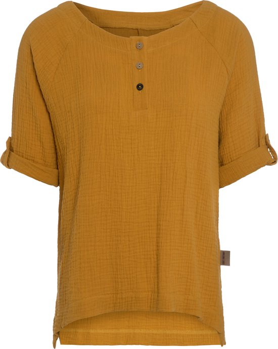 Knit Factory Nena Top - Shirt voor het voorjaar en de zomer - Dames Top - Dames shirt - Zomertop - Zomershirt - Ruime pasvorm - Duurzaam & milieuvriendelijk - Opgerolde mouw - Oker - Geel - M - 100% Biologisch katoen