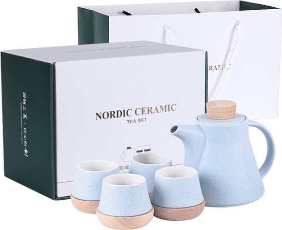 Faseras Moderne Porseleinen Theeset - Theepot met filter - Set van Vijf - Theeservies - Porselein/Hout - Blauw