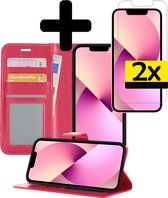 Hoesje Geschikt voor iPhone 13 Hoesje Book Case Hoes Wallet Cover Met 2x Screenprotector - Hoes Geschikt voor iPhone 13 Hoesje Bookcase Hoes - Donkerroze