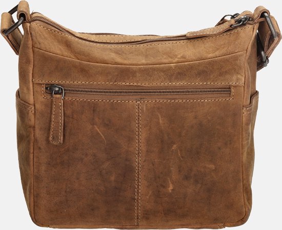 Bruine leren schoudertas met ritsen en vakken, achterkant, met 'Hide & Stitches' logo.