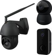 Looki 3-delige Slimme Beveiliging Combi Deal – 1x 360Pro Beveiligingscamera - 1x draadloze FHD Beveiligingscamera op Batterij - 1x I3 Indoor Camera – WiFi & App - Incl. 3x 32GB SD-