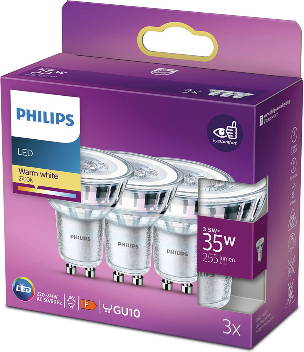 Moedig heel veel Schema Philips energiezuinige LED Spot - 35 W - GU10 - warmwit licht - 3 stuks |  bol.com
