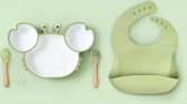 Silicone kinderservies met een zuignap onder het bord - 4 delig - groen - baby servies set  - kinderbestek - kinderbord - baby servies - baby bestek - krab