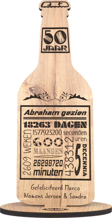 Bierfles abraham gezien - 50 jaar - houten wenskaart - kaart van hout 50ste verjaardaag - gepersonaliseerd - 10.5 x 29 cm