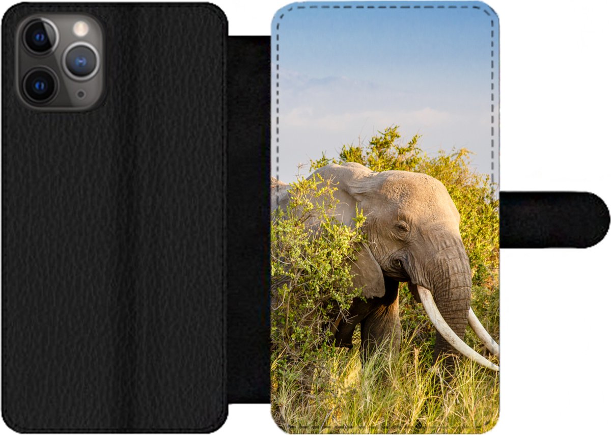 Telefoonhoesje Geschikt voor iPhone 11 Pro telefoonhoesje - Olifant - Dieren - Gras - Groen - Berg - Met vakjes - Wallet case met magneetsluiting