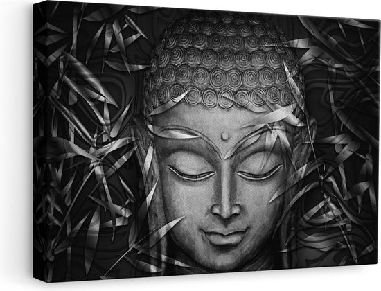 Artaza Canvas Schilderij Gouden Boeddha Hoofd - Zwart Wit - 60x40 - Foto Op Canvas - Canvas Print
