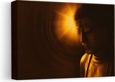 Artaza Canvas Schilderij Boeddha Beeld met Gouden Zon - 30x20 - Klein - Foto Op Canvas - Canvas Print
