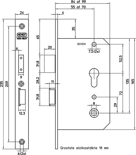 Technische tekening van een slotkast met afmetingen en de tekst 'NEMEF ASSA ABLOY'.