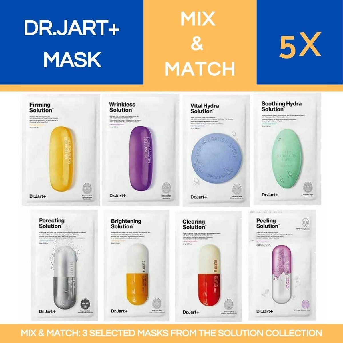 DR.JART+ Mix & Match 5 Facial Masks - Ceramidin - Cicapair - Wrinkless - Clearing - Vital - Dr.Jart Solution Gezichtsmaskers - Alle Huidtypes - Skincare Routine - Anti Age - Huid elasticiteit - Hydratatie Boost - K Beauty Set 2022