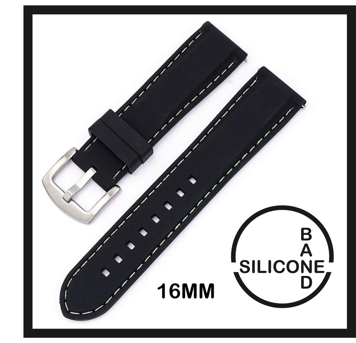 16mm Rubber Siliconen horlogeband Zwart met Witte stiksels passend op o.a Casio Seiko Citizen en alle andere merken - 16 mm Bandje - Horlogebandje horlogeband