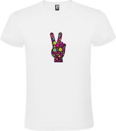 Wit T shirt met Full Color print  "Peace “ Flower Power Logo print size XS