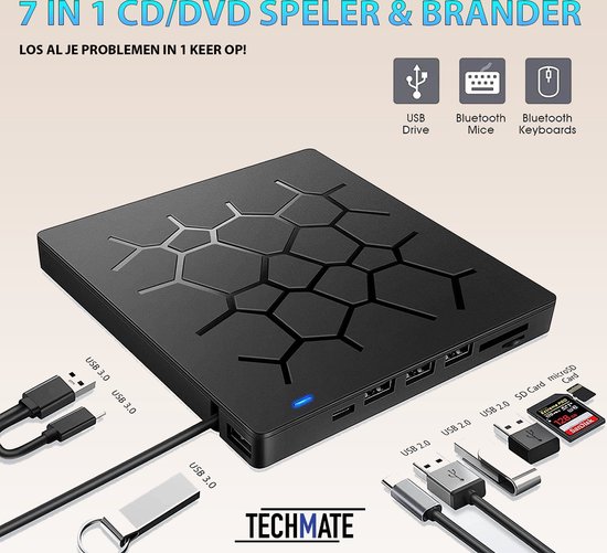 Hinder Ideaal Pak om te zetten TechMate - 7 in 1 externe CD/DVD Brander en Speler - CD/DVD Drive voor  Laptop of... | bol.com