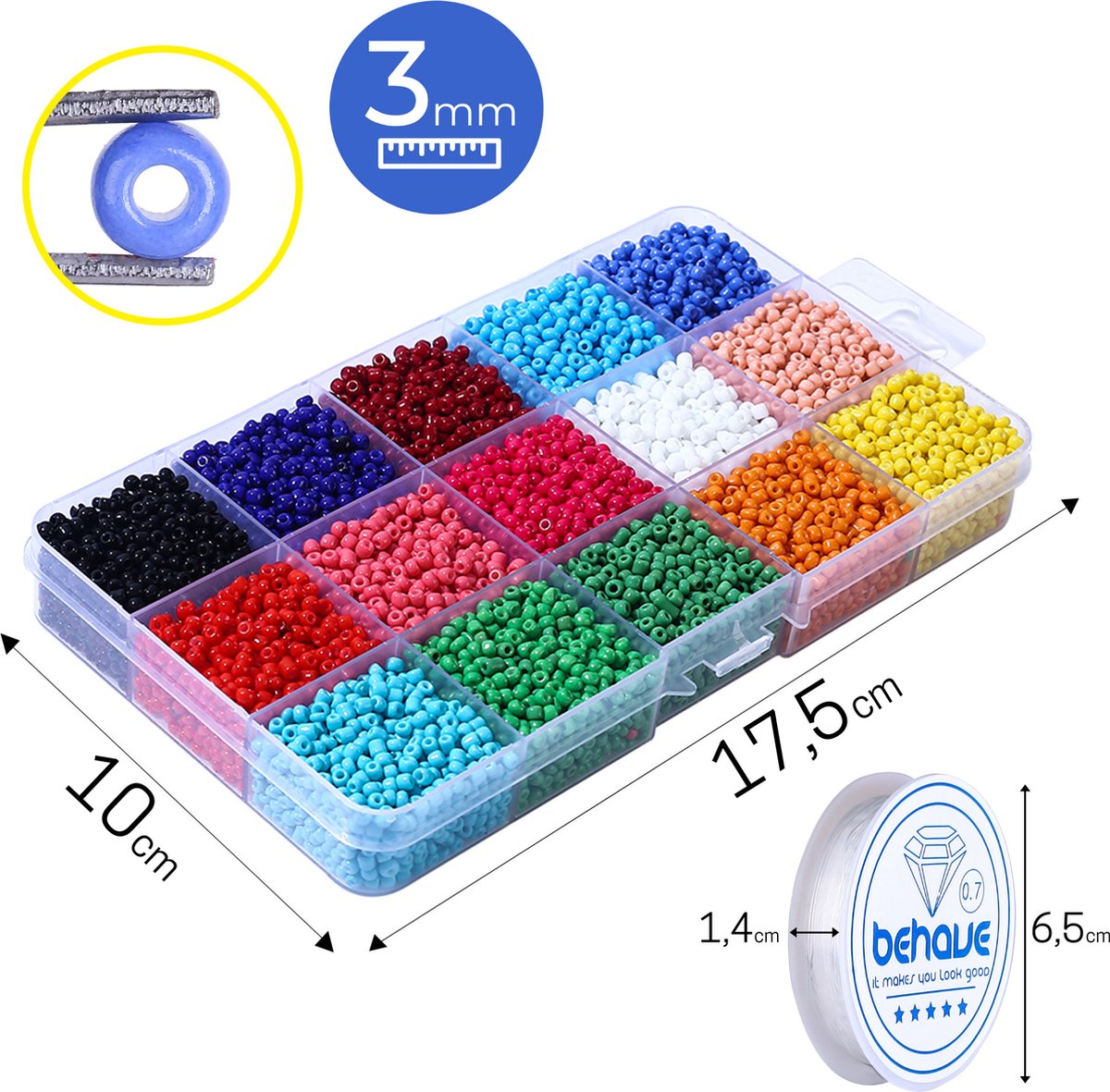 Behave 7500 Glaskralen Set - DIY Sieraden maken - Kralen Set - Rocailles - Bedels - Rijgdraad - 15 Kleuren - 3mm — afbeelding 12