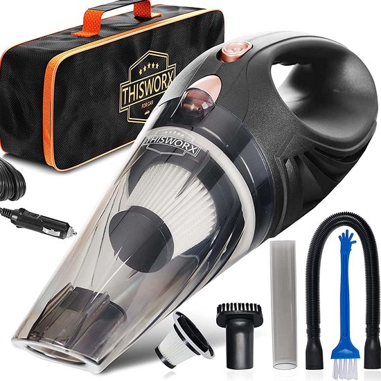 ThisWorx Autostofzuiger met ledlicht, handstofzuiger voor het reinigen van de auto, 110 W, 12 V, adapter voor aansluiting op de sigarettenaansteker, 4,9 m kabel