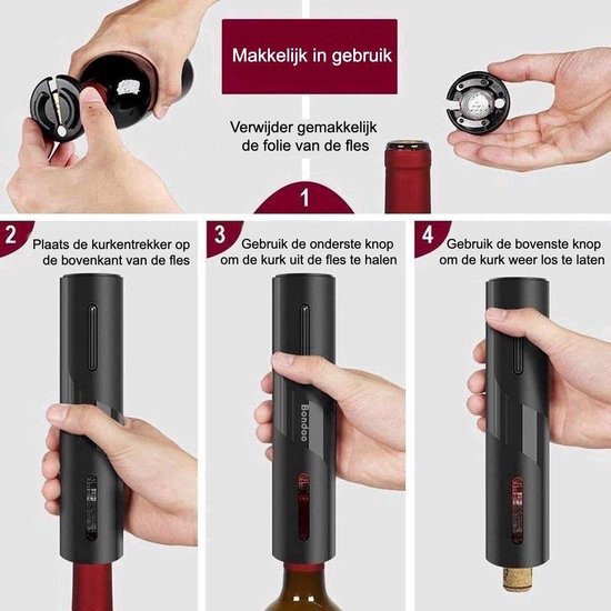 Stapsgewijze handleiding voor het gebruik van de elektrische kurkentrekker.