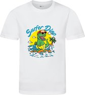 Surfer Dino T-shirt - T-shirt kinderen - Maat 122/128 - 7-8 jaar - T-shirt wit korte mouw