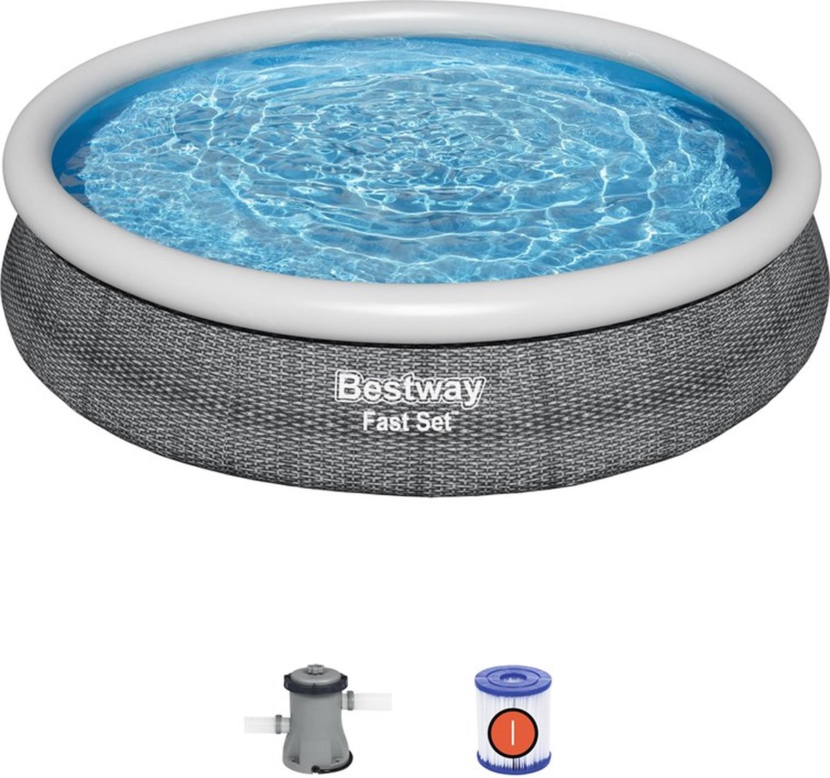 Bestway - Fast Set - Opblaasbaar zwembad inclusief filterpomp - 366x76 cm - Rattanprint - Rond - Bestway