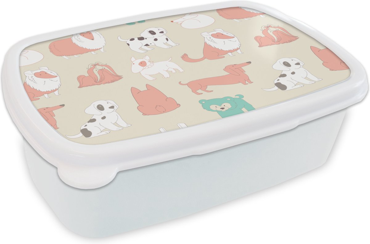 Broodtrommel Wit - Lunchbox - Brooddoos - Patroon - Hond - Puppy - Jongens - Meisjes - Kinderen - Kids - 18x12x6 cm - Volwassenen