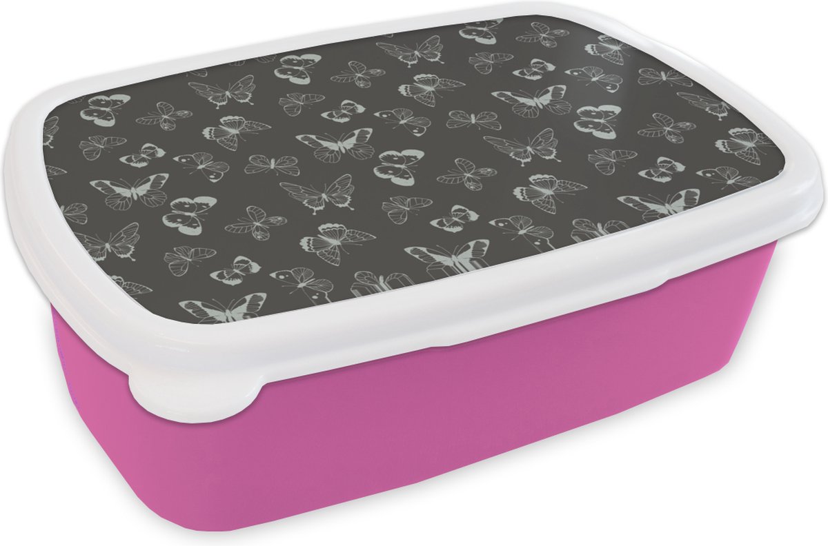 Broodtrommel Roze - Lunchbox - Brooddoos - Vlinders - Retro - Design - 18x12x6 cm - Kinderen - Meisje