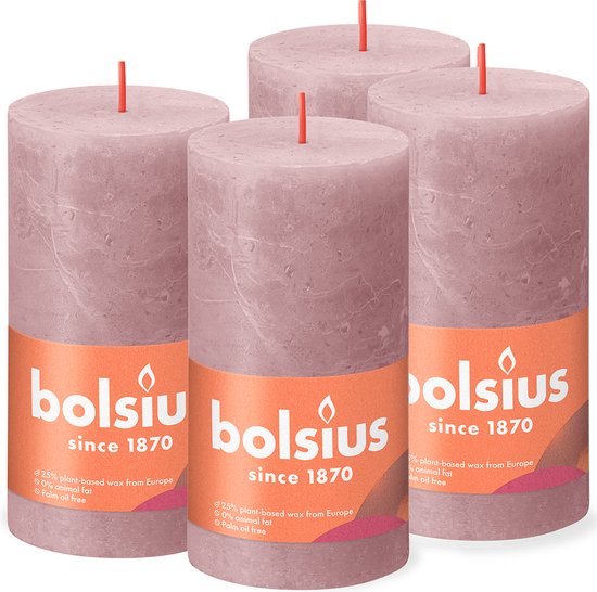 4 pièces Bolsius vieux rose bougies pilier rustique 68 (60 heures) Eco Shine Ash Pink