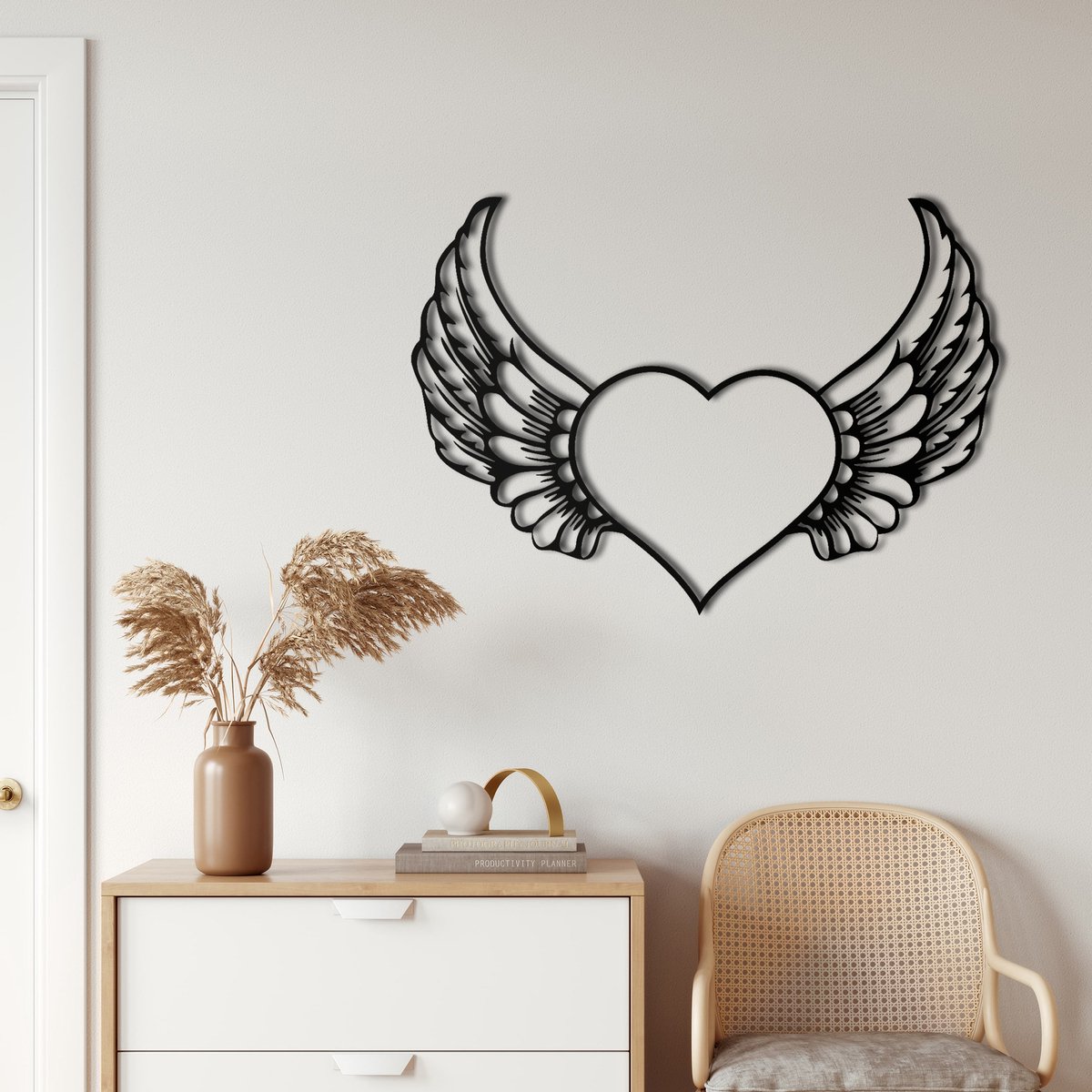 Wanddecoratie | Engelenhart / Angel Heart decor | Metal - Wall Art | Muurdecoratie | Woonkamer |Zwart| 60x42cm
