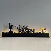 Vrolijk Pasen - Pasen - Silhouette - Paasdecoratie - Paasversiering - Houten Decoratie - Hout - Vilt - Strikje