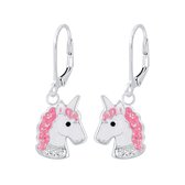 Joy|S - Zilveren eenhoorn oorbellen - unicorn wit roze - leverback sluiting