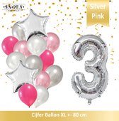 Cijfer Ballon 3 Jaar Zilver Roze White Pearl Boeket * Hoera 3 Jaar Verjaardag Decoratie Set van 15 Ballonnen * 80 cm Verjaardag Nummer Ballon * Snoes * Verjaardag Versiering * Verj