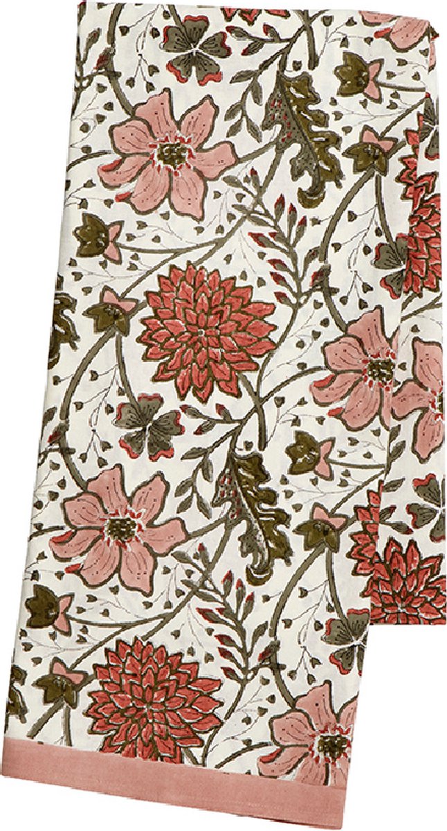 Bungalow Sitapur Sandstone katoenen tafelkleed met blokprint in roze, rood, grijs en olijf | 160 x 300 cm