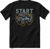 Start the game | Gaming kado T-Shirt heren - dames | Staal-Geel | Perfect game pc cadeau shirt | Grappige console spreuken - zinnen - teksten Maat L