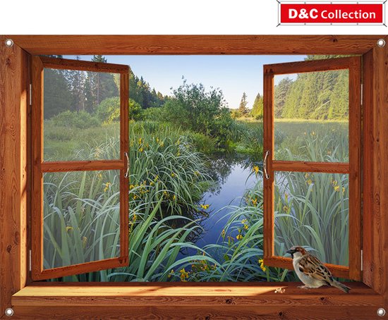 D&C Collection - tuinposter - 90x65 cm - Bruin luxe venster met water sloot - irissen - mus - tuin decoratie - tuinposters buiten - schuttingposter - tuinschilderij