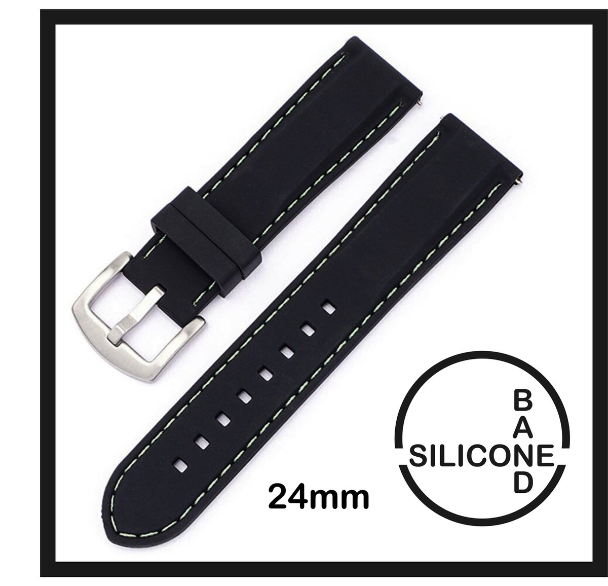 24mm Rubber Siliconen horlogeband zwart met witte stiksels passend op o.a Casio Seiko Citizen en alle andere merken - 24 mm Bandje - Horlogebandje horlogeband