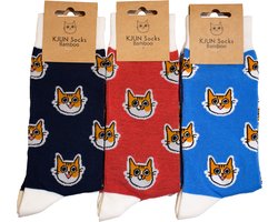 KJUNSocks- Katten Sokken voor heren en dames - 3 paar - huissokken - grappige cadeaus - grappige sokken - bamboo - maat 43/46 (LET OP: ALLEEN BLAUW EN 2X ROOD)